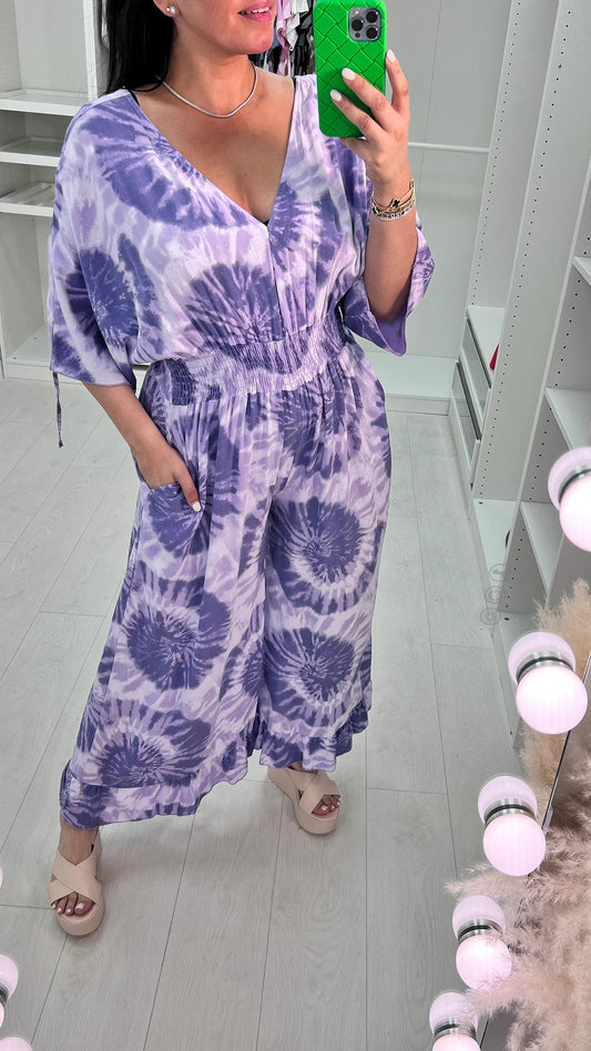 V-neck Tie-dye Loose Jumpsuit
