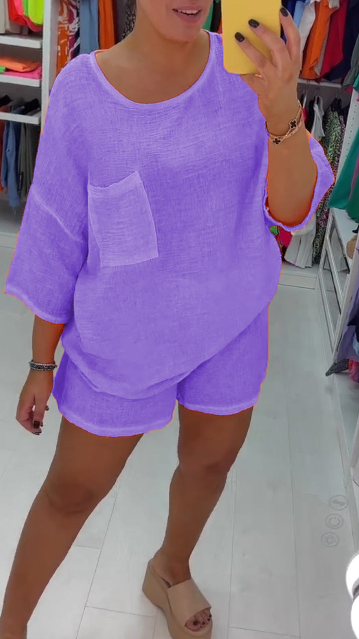 Casual Cotton and Linen Crew Neck Shorts Two-piece Suit
