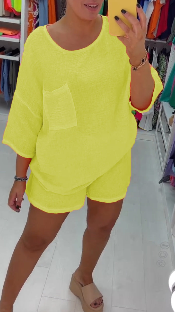 Casual Cotton and Linen Crew Neck Shorts Two-piece Suit