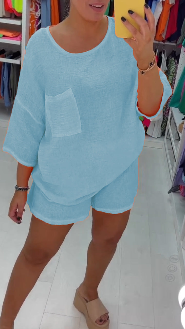 Casual Cotton and Linen Crew Neck Shorts Two-piece Suit