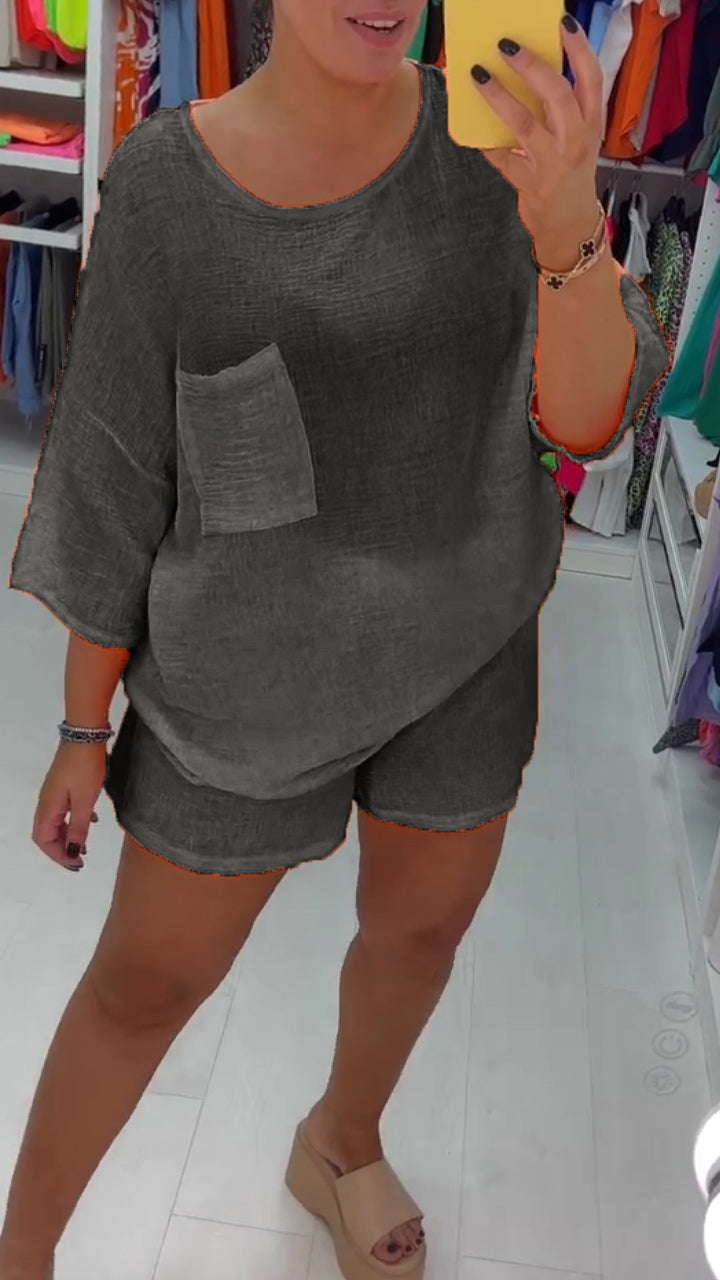 Casual Cotton and Linen Crew Neck Shorts Two-piece Suit
