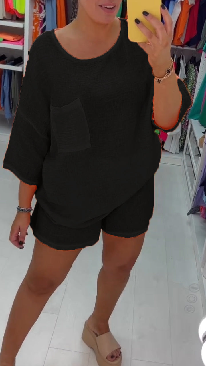 Casual Cotton and Linen Crew Neck Shorts Two-piece Suit
