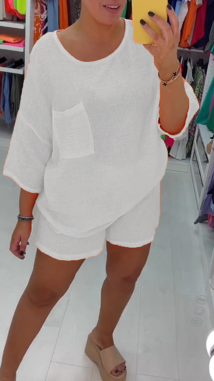 Casual Cotton and Linen Crew Neck Shorts Two-piece Suit