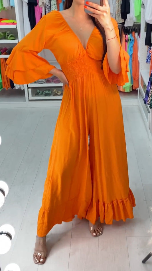 V-neck Casual Bell Sleeve Jumpsuit