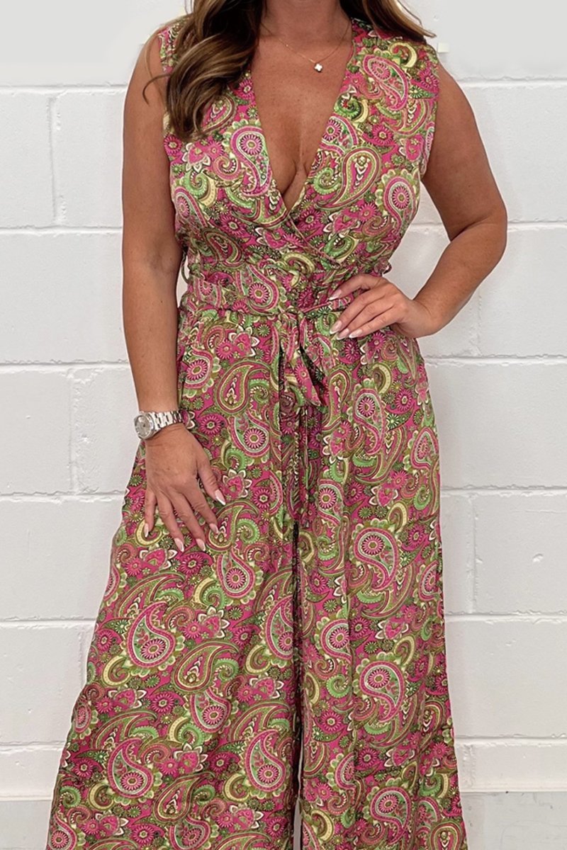 V-neck cashew flower jumpsuit