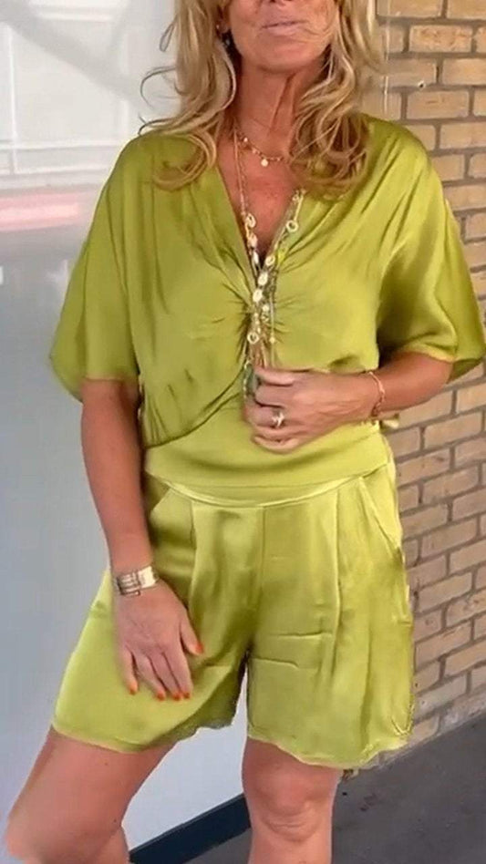 Satin Casual V-neck Comfort Suit