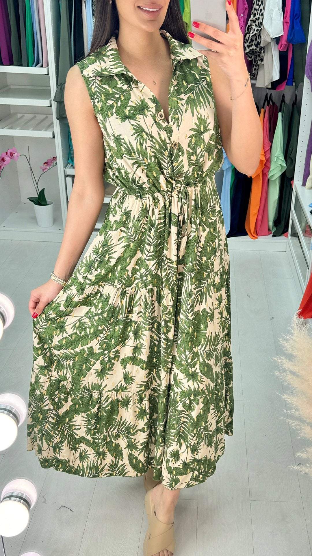 Lapel Printed Sleeveless Dress