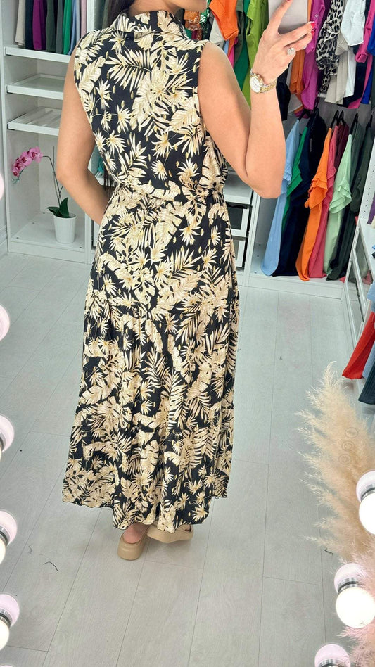 Lapel Printed Sleeveless Dress