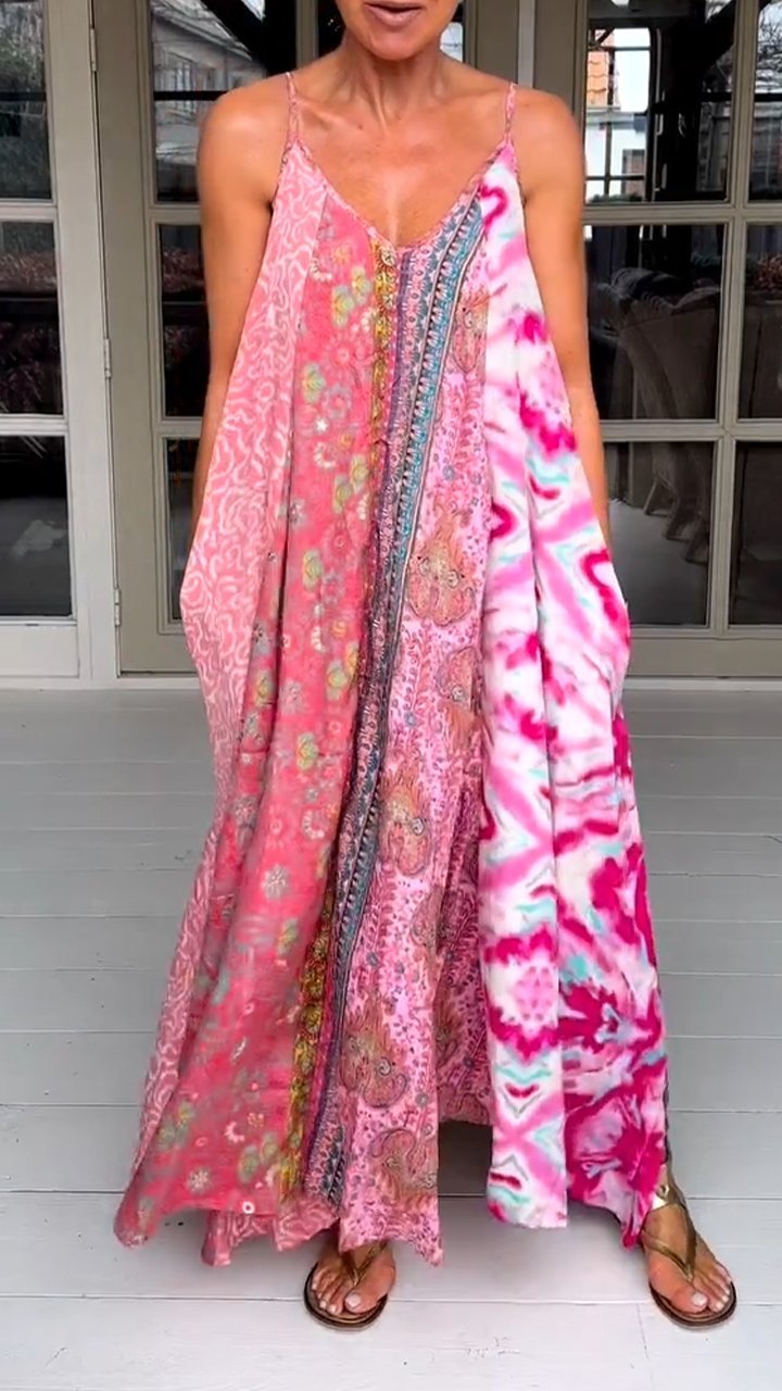 Casual V-neck Printed Suspender Dress