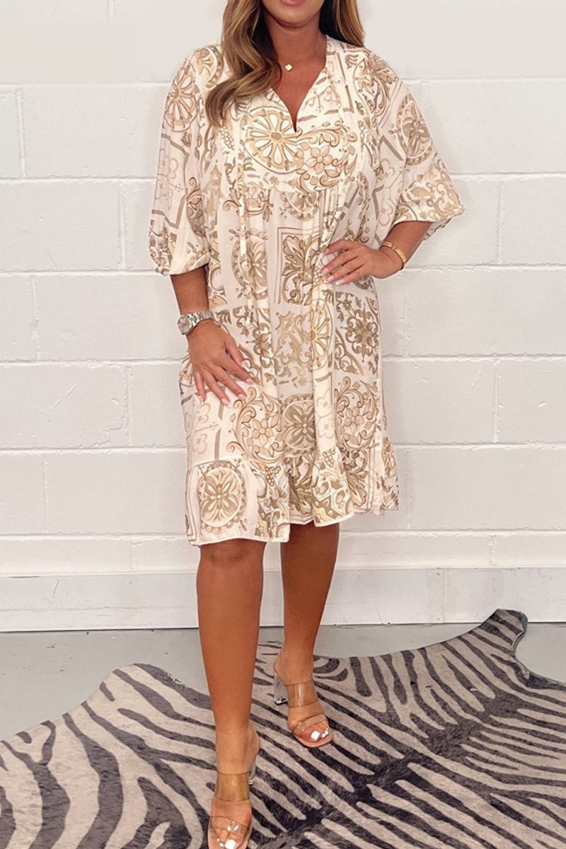 Ink printed puff sleeve dress