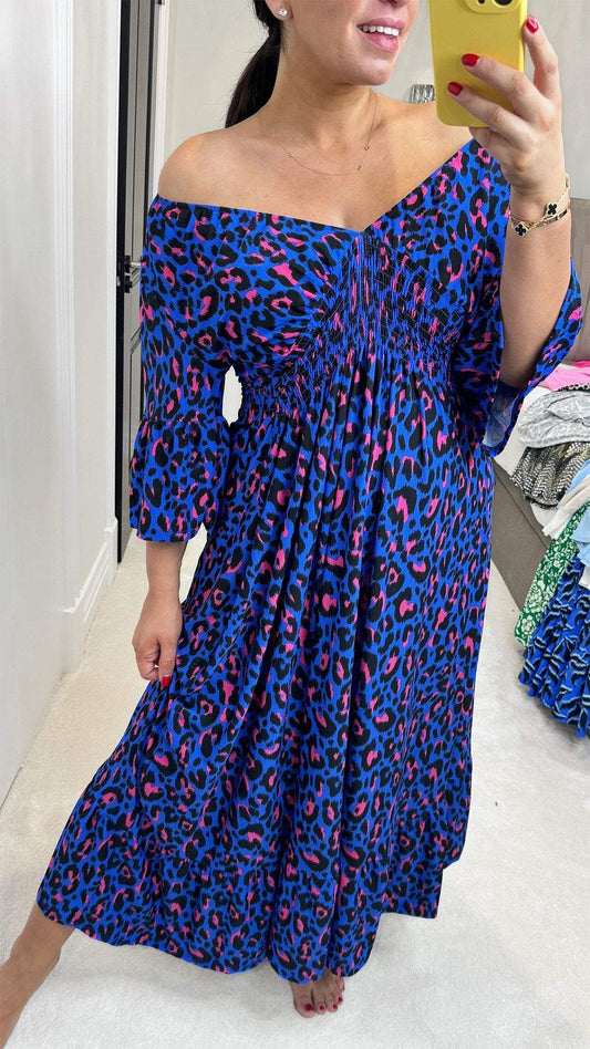 V-neck Mid-sleeve Leopard Print Dress