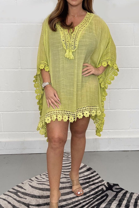 Solid color cotton and linen lace patchwork dress