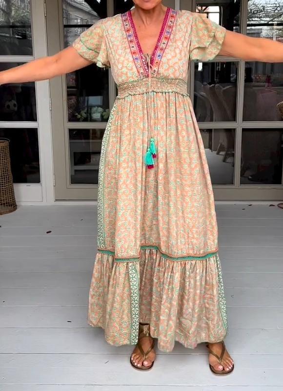 Casual V-neck Printed Patchwork Dress