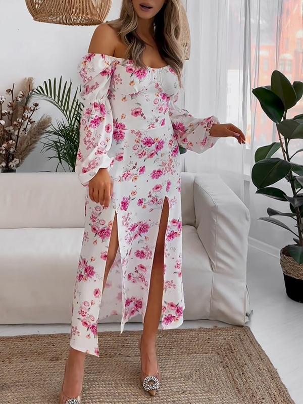 Casual Square Neck Slit Printed Dress