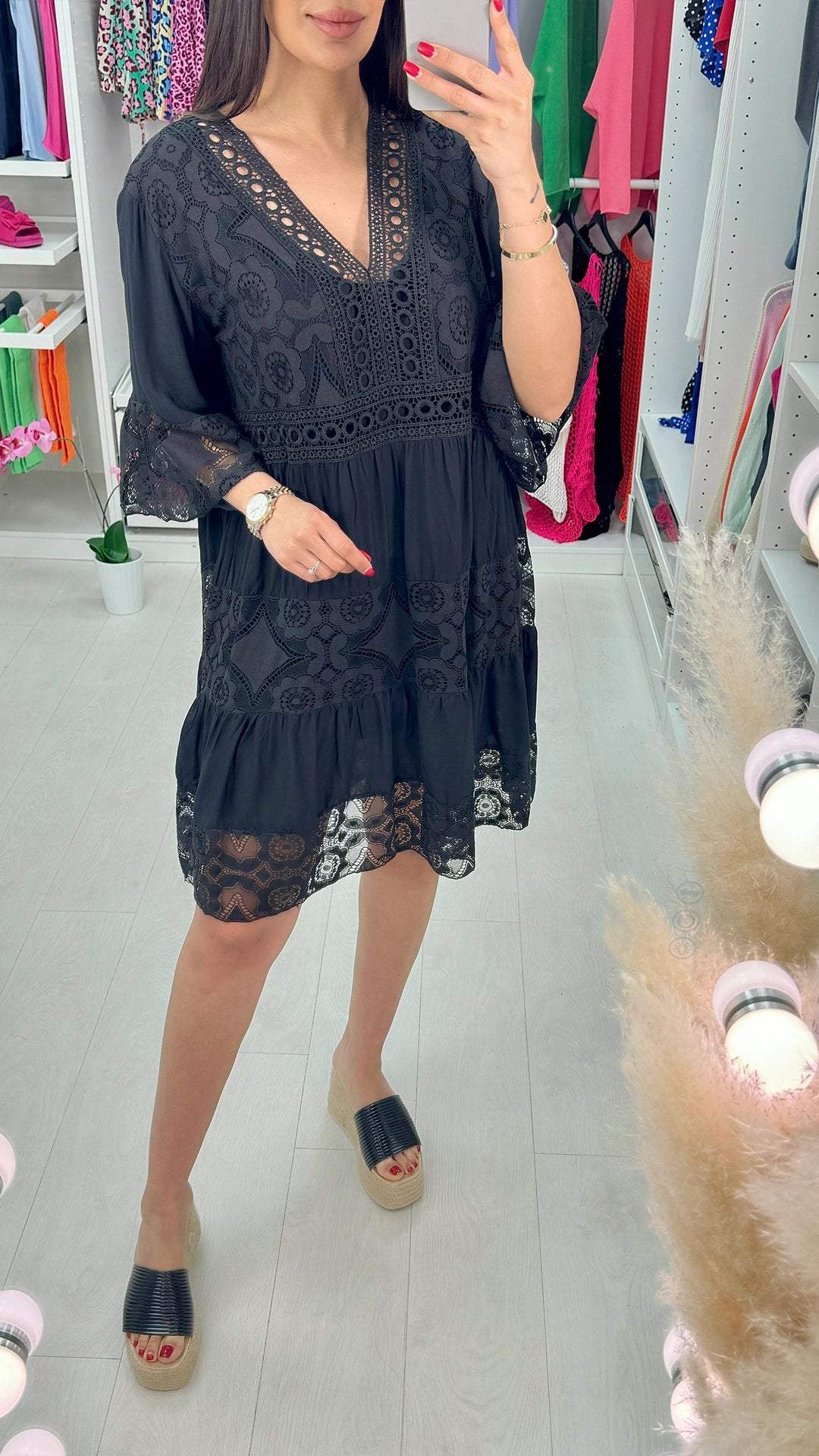 V-neck Mid-sleeve Hollow Lace Dress