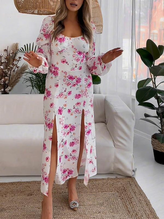 Casual Square Neck Slit Printed Dress