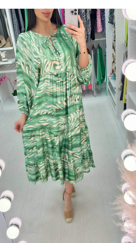 Loose Printed Long-sleeved Dress with V-neckline