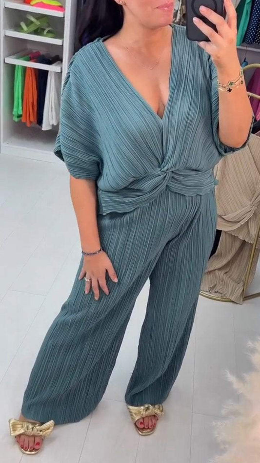 V-neck Loose Pleated Two-piece Suit