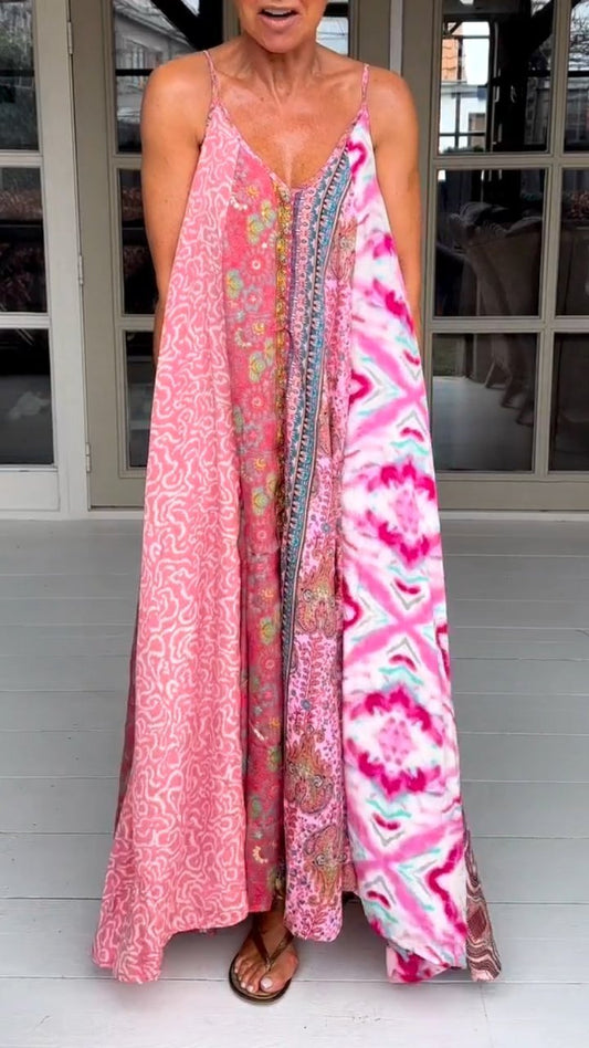 Casual V-neck Printed Suspender Dress