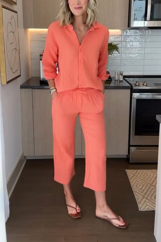 Women's Cotton And Linen Solid Color Top And Pants Two-piece Set