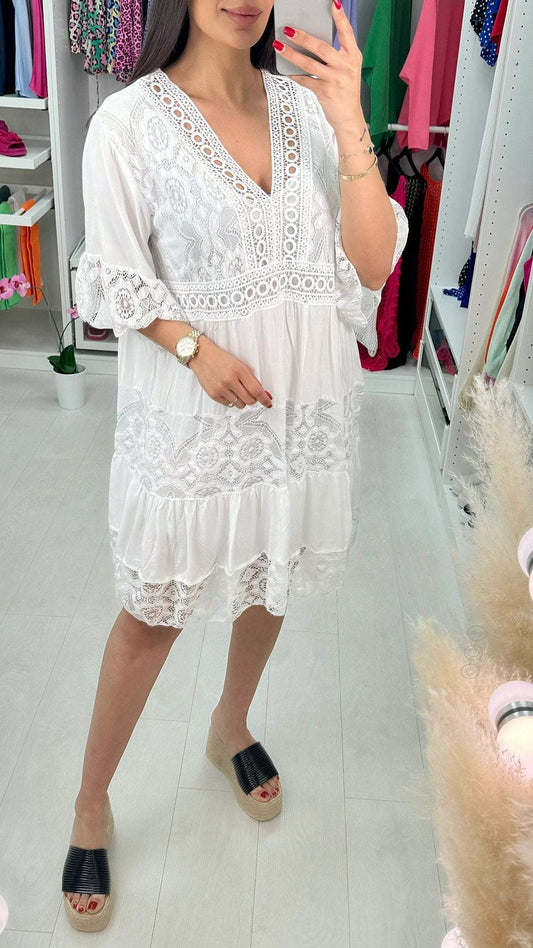 V-neck Mid-sleeve Hollow Lace Dress