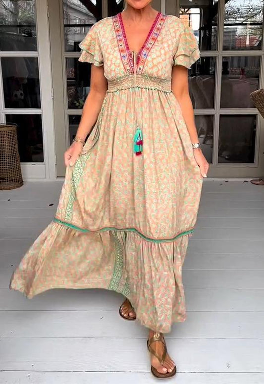 Casual V-neck Printed Patchwork Dress