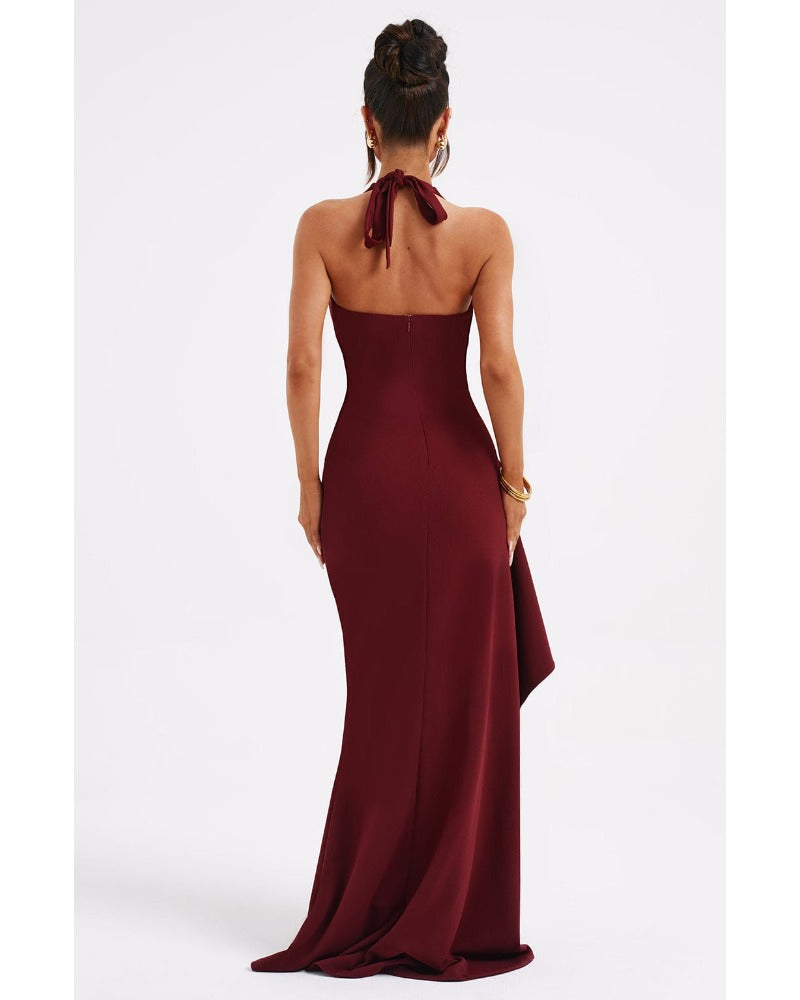 2024ss red sexy ruffled deep V dress