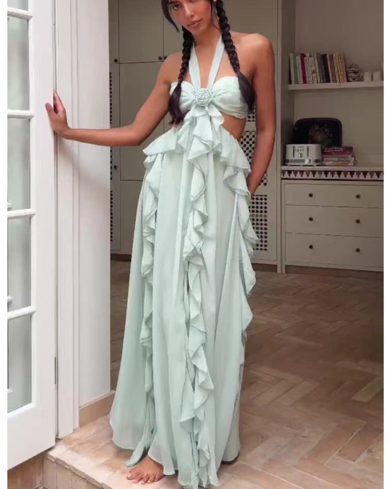 2024ss sexy neckline peplum hollow dress