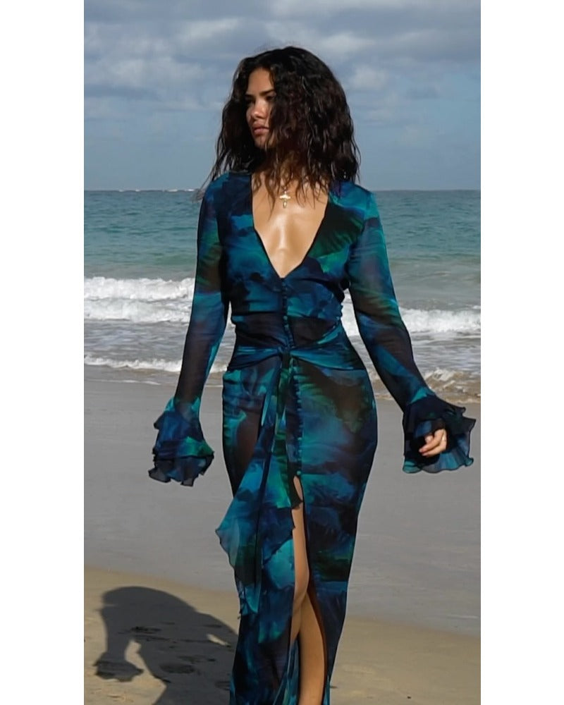 2024ss sexy deep V print beach dress