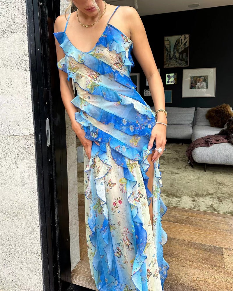 2024ss sexy halter deep V print beach dress