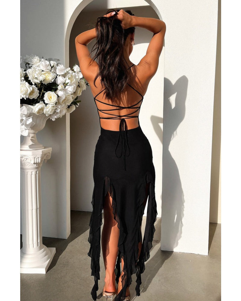 2024ss sexy backless ruffled dress