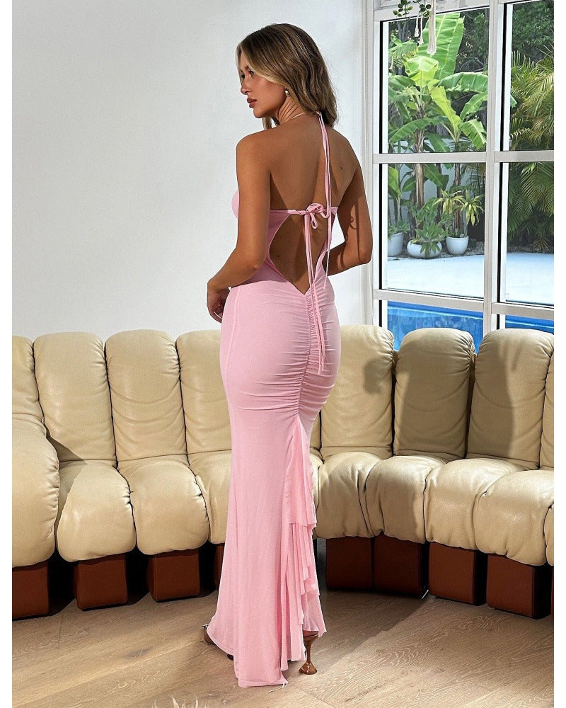 2024ss sexy halter halter drawstring dress