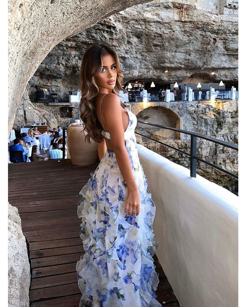 2024ss sexy halter plant-print wrap dress