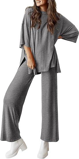 Women's Casual 2 Piece Outfits Short Sleeve Pullover Tops and Wide Leg Pants Lounge Sets