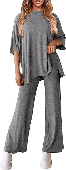 Women's Casual 2 Piece Outfits Short Sleeve Pullover Tops and Wide Leg Pants Lounge Sets
