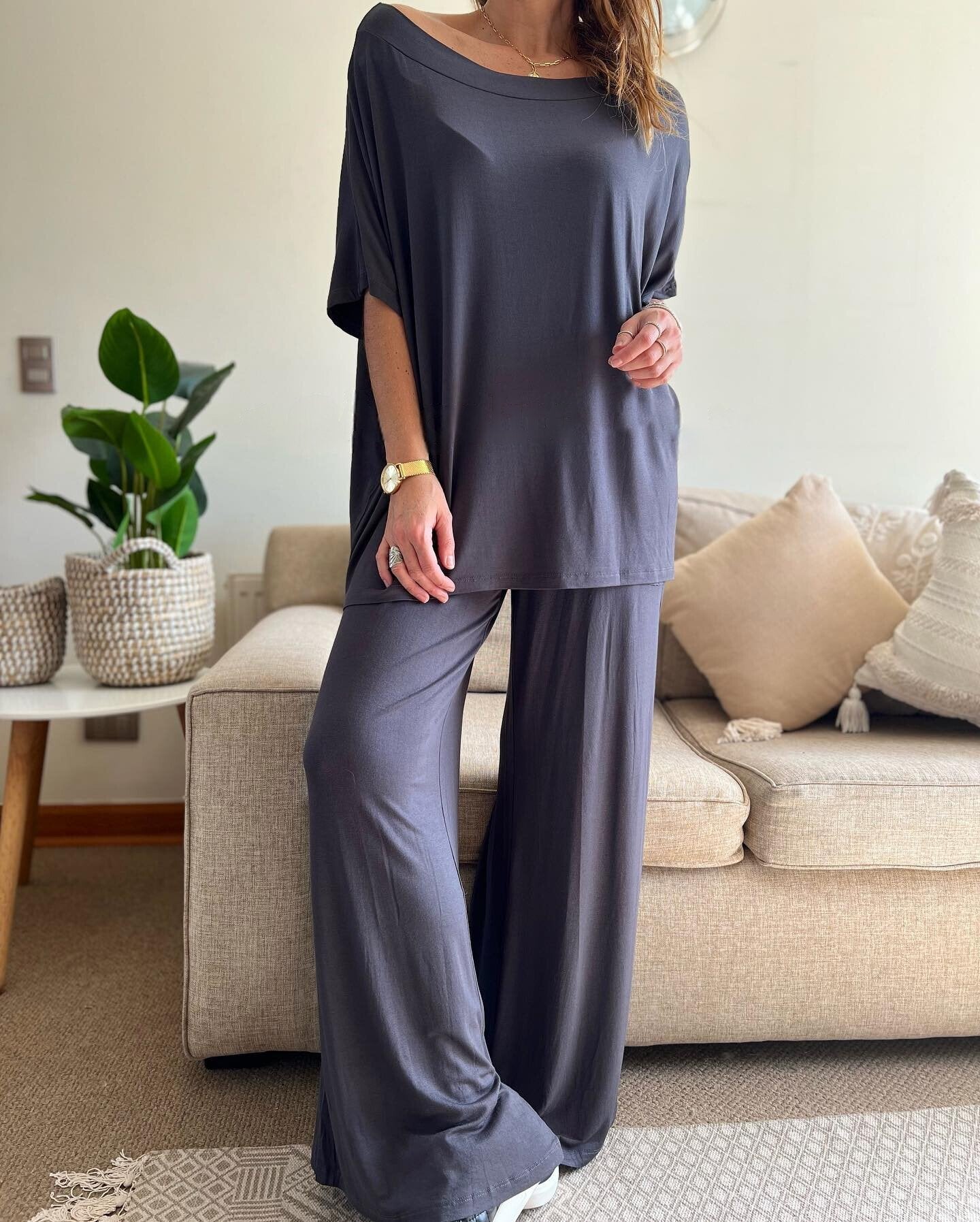 Women's Casual Solid Color Knit Tops and Pants Set