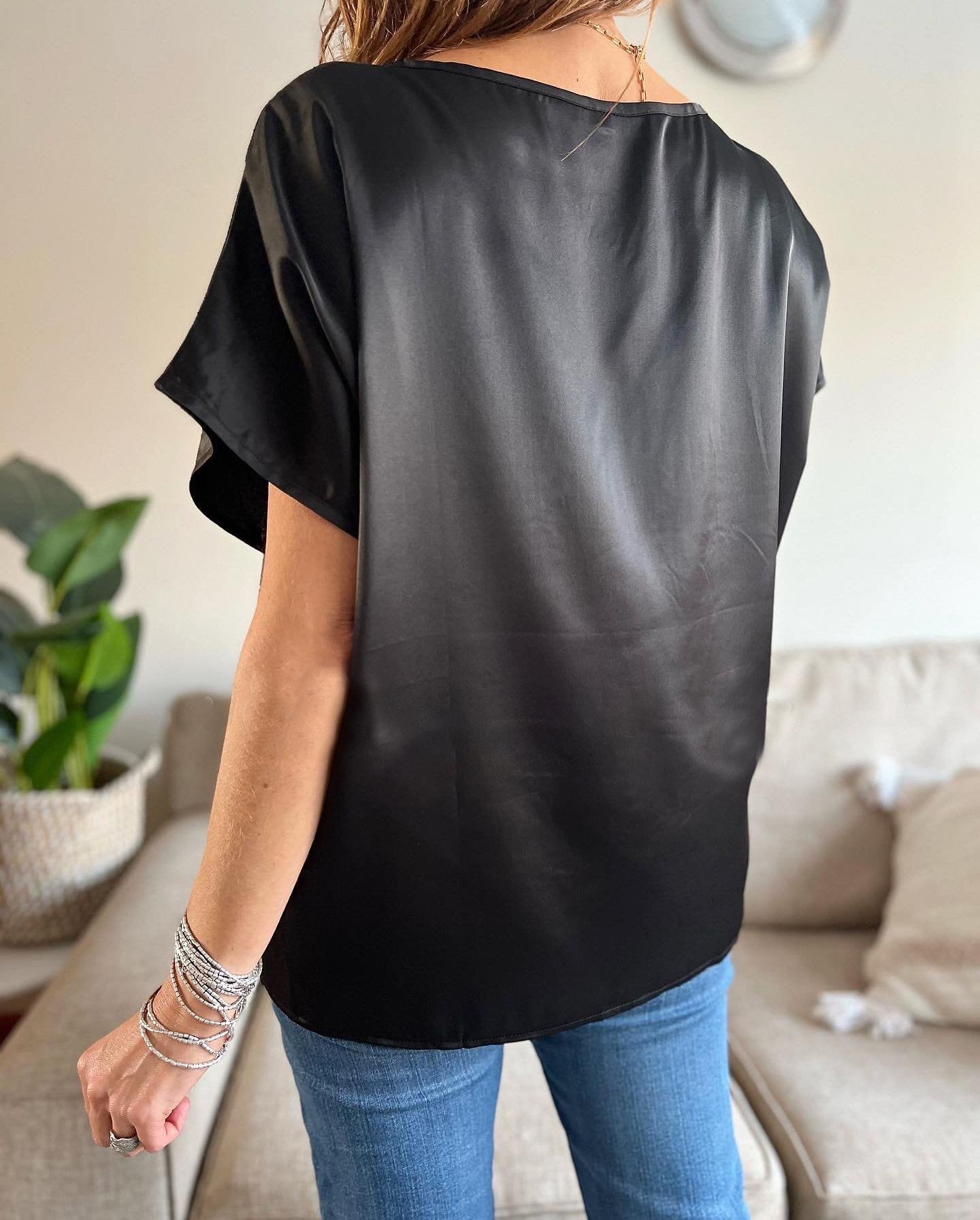 Women's Casual Solid Color V Neck Satin Blouse