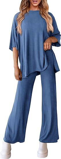 Women's Casual 2 Piece Outfits Short Sleeve Pullover Tops and Wide Leg Pants Lounge Sets