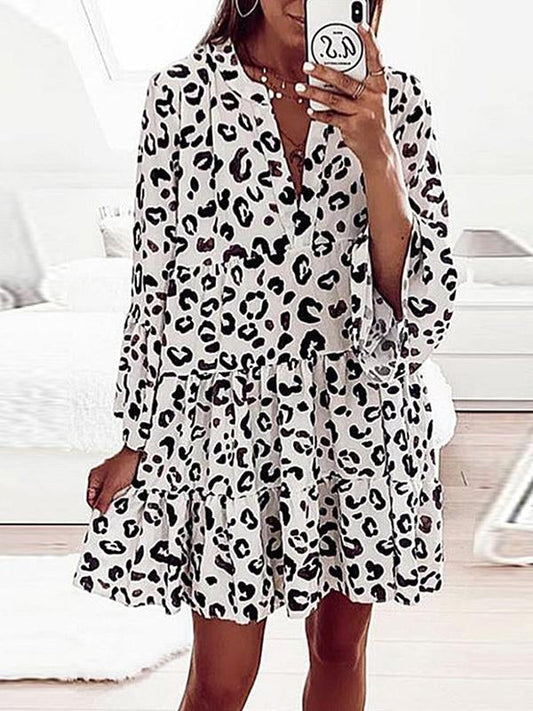 Printed long-sleeved loose V-neck patchwork dress