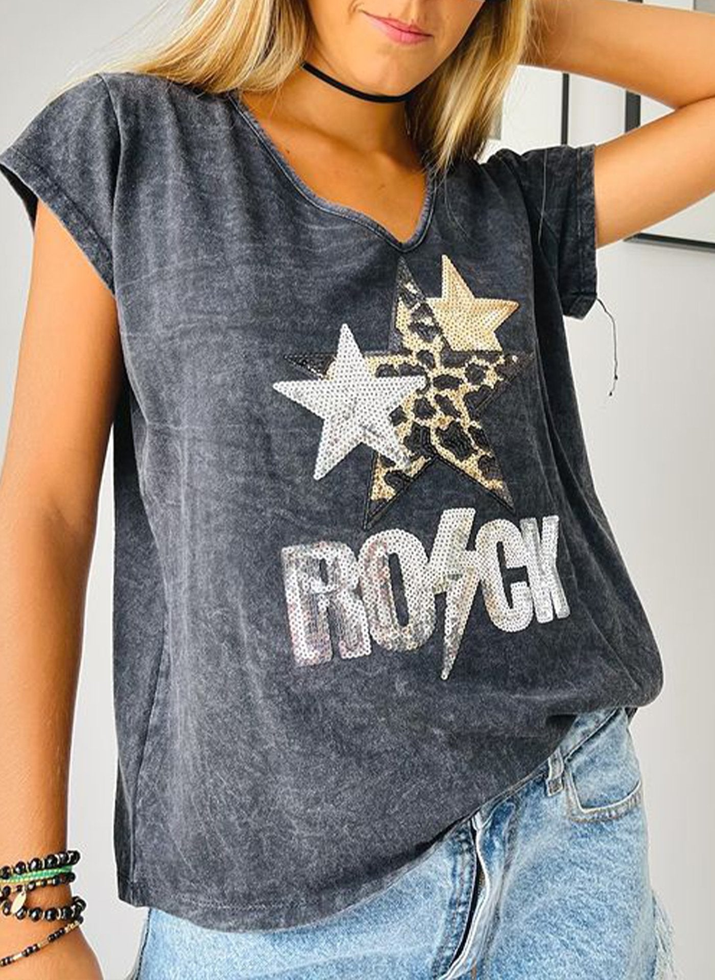 V-neck Sequin Graphic T-shirt