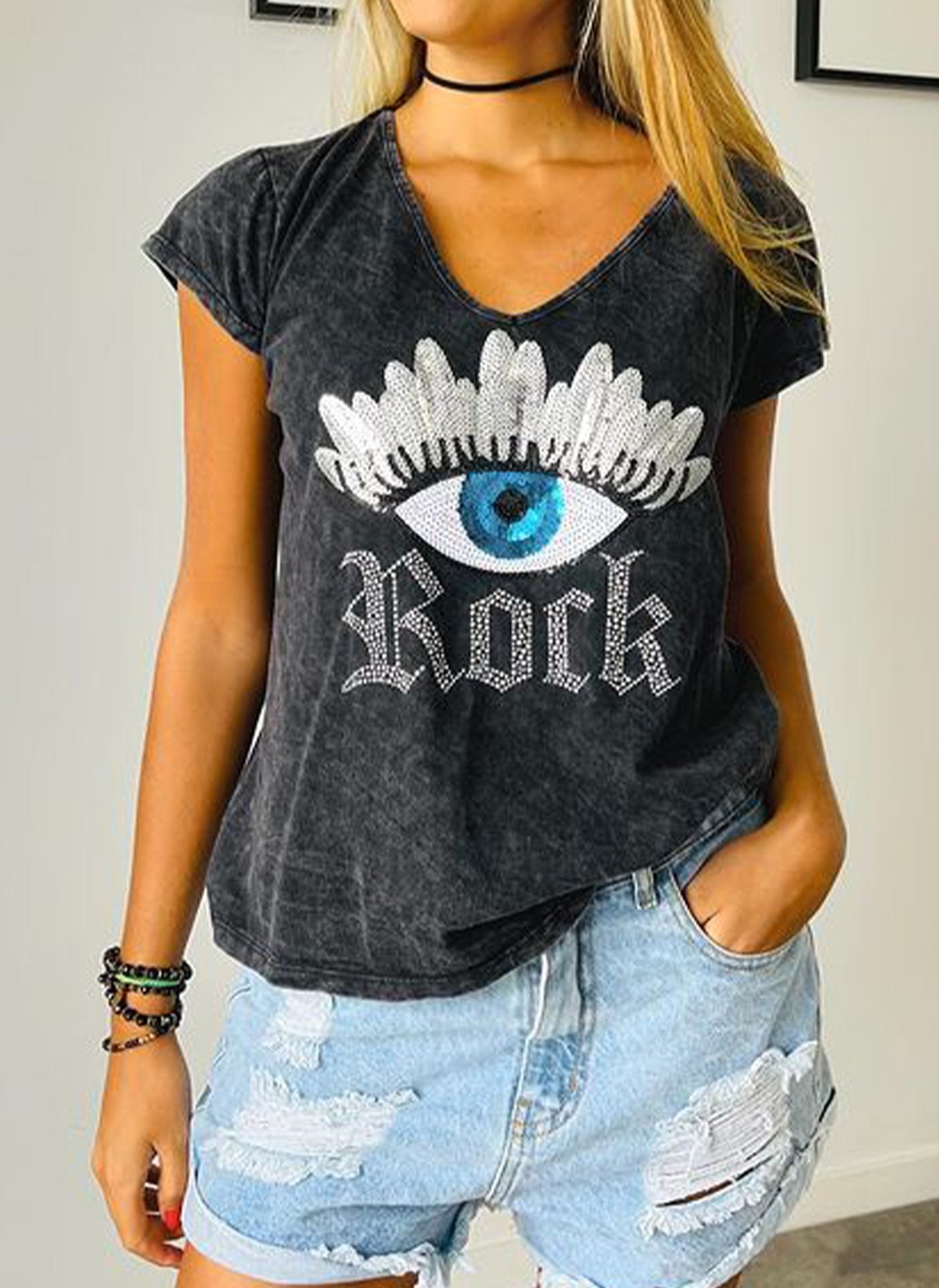 V-neck Sequin Graphic T-shirt