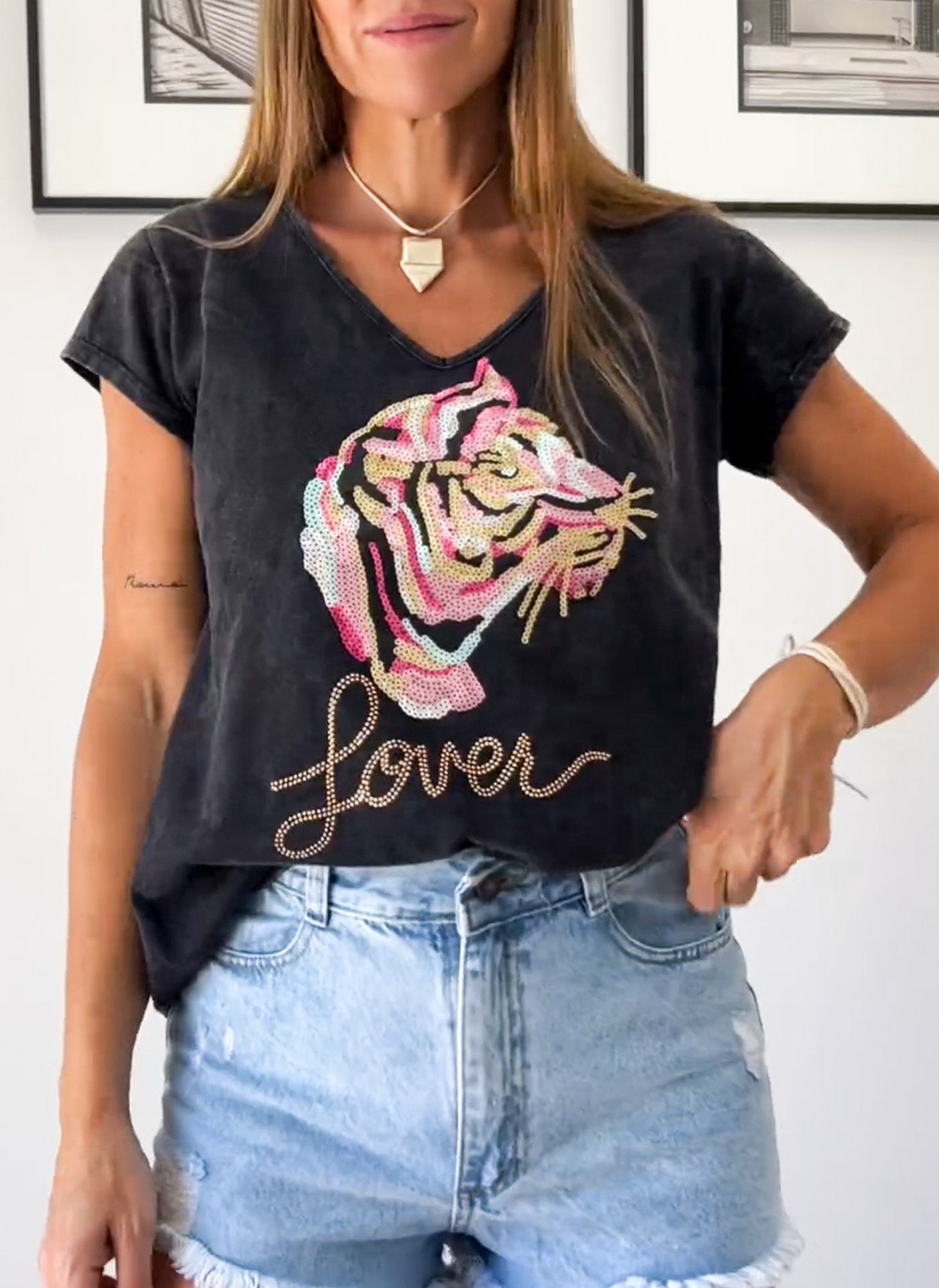 V-neck Sequin Graphic T-shirt