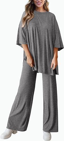 Women's Casual 2 Piece Outfits Short Sleeve Pullover Tops and Wide Leg Pants Lounge Sets