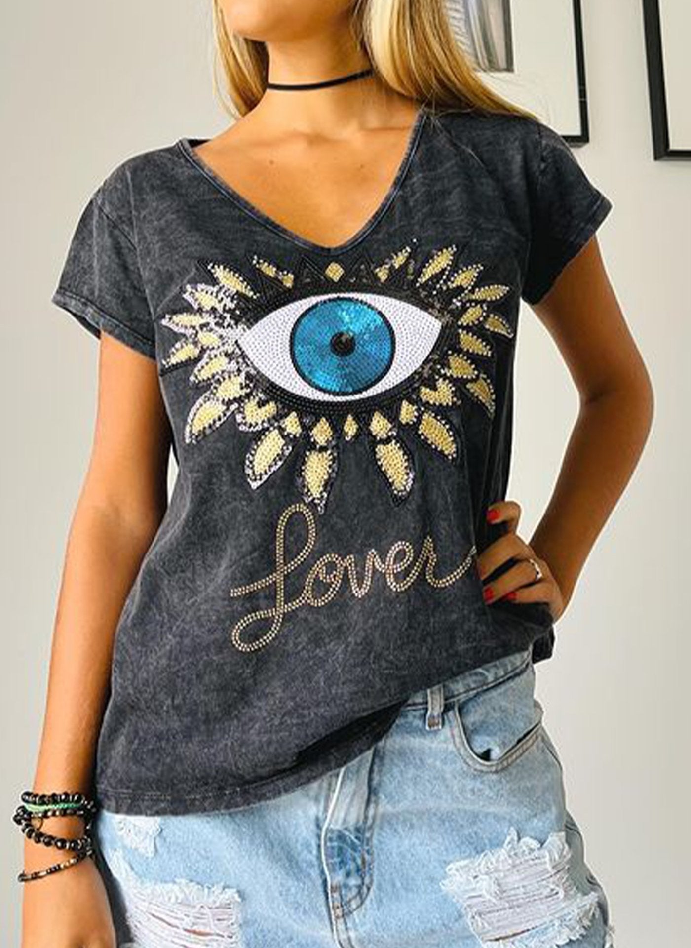 V-neck Sequin Graphic T-shirt