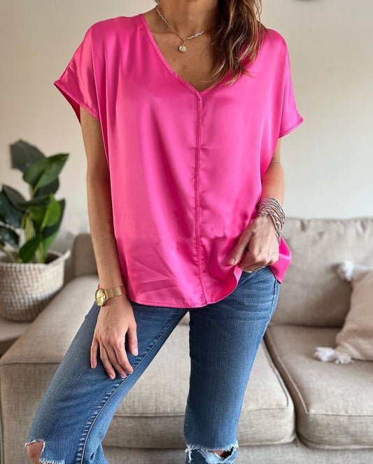 Women's Casual Solid Color V Neck Satin Blouse