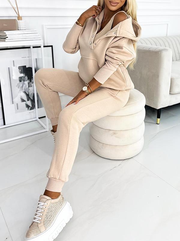 Women's Fashionable Solid Color Hooded Sweatshirt 3-piece Set