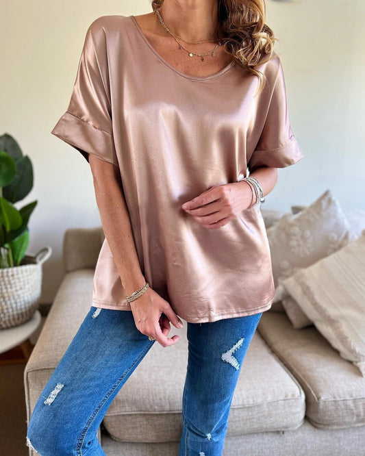 Women's Casual Solid Color V Neck Satin Blouse