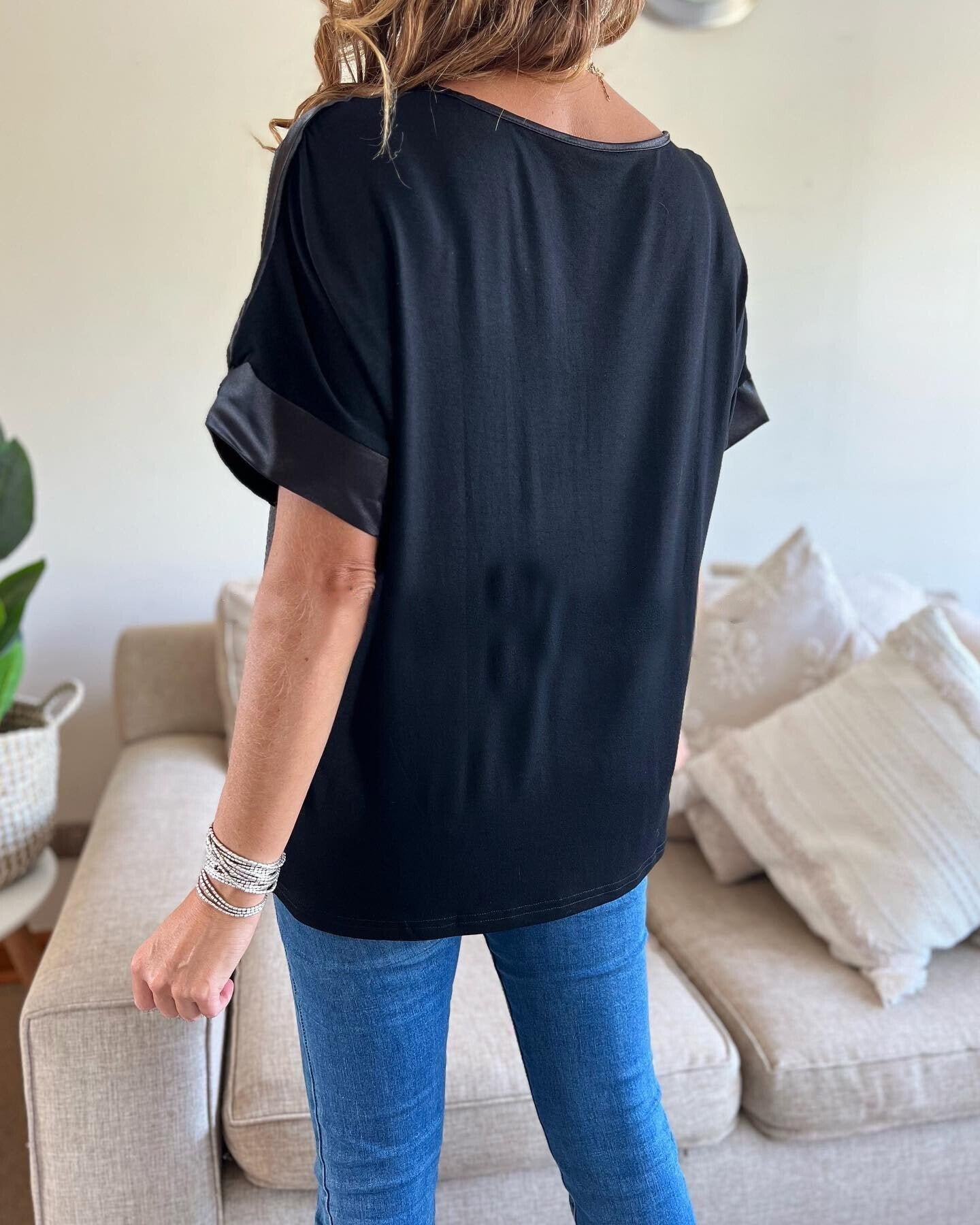 Women's Casual Solid Color V Neck Satin Blouse