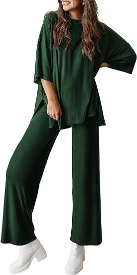 Women's Casual 2 Piece Outfits Short Sleeve Pullover Tops and Wide Leg Pants Lounge Sets