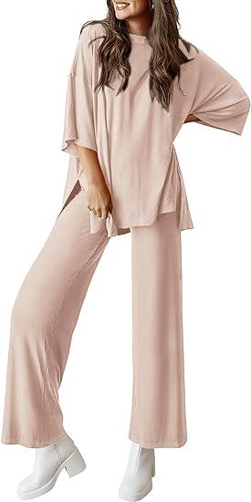 Women's Casual 2 Piece Outfits Short Sleeve Pullover Tops and Wide Leg Pants Lounge Sets